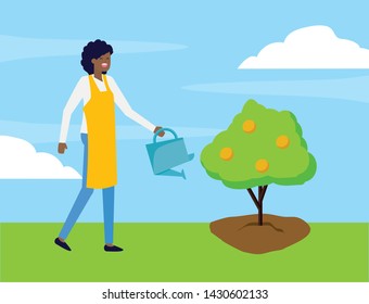 woman with watering can tree fruits gardening vector illustration