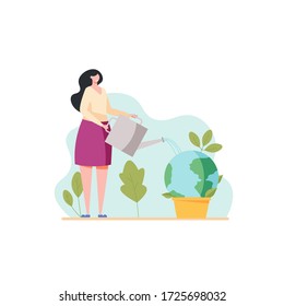 Woman watering Earth planet with watering can. World Environment Day. Concept of environment, ecology, nature protection. Vector illustration in flat design for UI, banner, mobile app.
