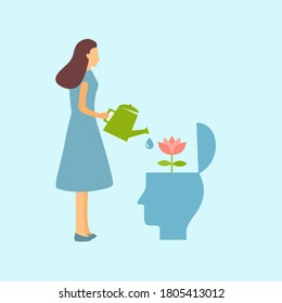 Woman watering flower in the brain. Mental health concept vector illustration. Psychological therapy and treatment. World mental health day.