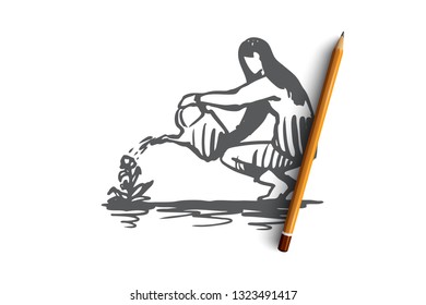 Woman, watering, flower, plant, gardening concept. Hand drawn woman watering flower in garden concept sketch. Isolated vector illustration.
