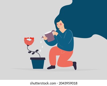 Woman watering a flower in the pot. Girl gardener grows a rose. Female takes care of a plant. Green economy, earth day, green planet forestation, Mental health, wellbeing concept. Vector illustration.
