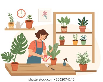 Woman is watering flowerpots, caring for greens. Home gardening and growing houseplants Home decor and gardening concept. Isolated vector illustration in cartoon style