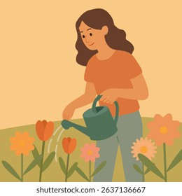 Woman watering flowers from a watering can. Vector stock illustration eps10.