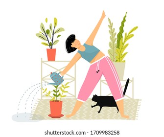 Woman watering flowers daily routine funny mistake, spill water on the floor. Funny cartoon girl doing yoga exercise and gardening with flowerpots at home. Vector cartoon.