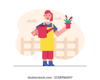 Woman watering flowers in the garden, taking care of plants for her own pleasure. Character design. Vector flat illustration