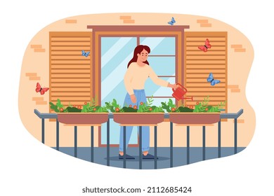 Woman watering flowers. Girl on balcony on summer or spring day. Sun and good hike, comfort and coziness. Routine and household chores. Butterflies fly near character. Cartoon flat vector illustration