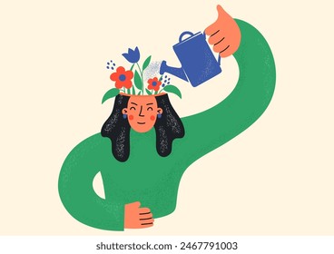 Woman watering flowers growing from her head. Self development, creativity, self education concept. 