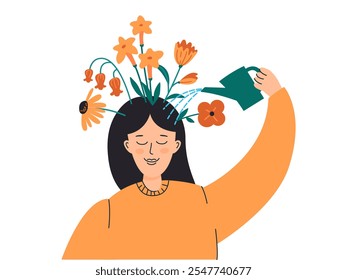 Mulher regando flores na cabeça com lata de regar. Mentalidade saudável, relaxar, autocuidado, pensamento positivo, aceitação, felicidade, bom humor, saúde mental, terapia