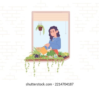 Woman Watering Flowers On Windowsill. Female Water Care Of Green Houseplants Outside Window, Domestic Potted Flower On Sill Frame, Floral Indoor Plants, Concept Vector Illustration Of Woman Watering