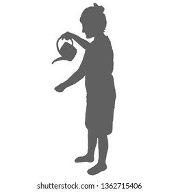 Woman watering flowers. Silhouette standing girl holding a watering can.