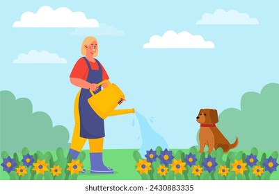 Woman watering flowers. Young girl with watering can near colorful flowers and dog. Gardening at backyard. Beautiful natural summer and spring scene. Cartoon flat vector illustration