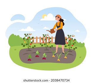 Woman watering garden concept. Female character takes care of plants to get rich harvest of fruits and vegetables. Gardening and farming. Cartoon flat vector illustration isolated on white background