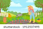 Woman watering garden. Female gardener works, farming, grows vegetables and waters tomato. Agriculture landscape and farmer vector concept. Girl in hat with basket full fresh veggies
