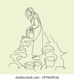 woman watering the garden line art vector
