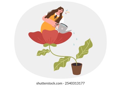 Woman watering giant potted home flower for self development and mental wellbeing concept. Happy girl passionate about self-development to improve emotional intelligence and mental health