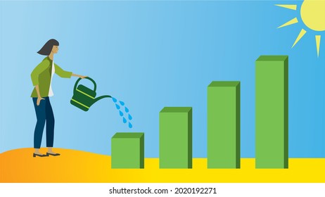 Woman watering graph. Vector illustration. Dimension 16:9.