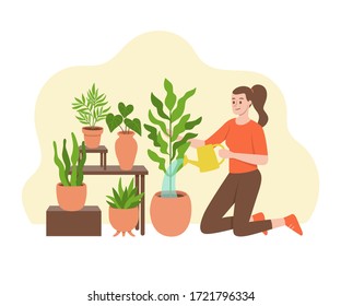 Woman watering her plants, kneeling on the ground. Gardening concept. Vector illustration isolated on white background.