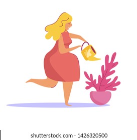 Woman watering a house plant. Vector. Cartoon. Isolated art 