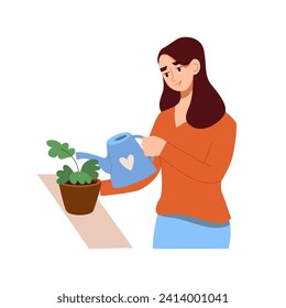 Woman Watering Houseplant. Home gardening.  Urban Jungle.  Smiling Female Character. Vector Flat Illustration.