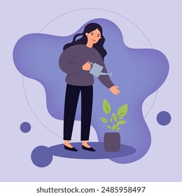 Woman watering houseplant vector illustration. Happy woman with watering pot growing green plant. Hobby, growing plants at home concept