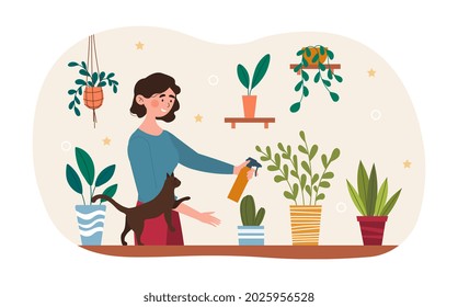 Woman watering houseplants. Female character together with cat takes care of flowers in pots. Scene of love and friendship between human and pet. Cartoon flat vector illustration on white background