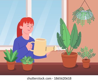Woman Watering Houseplants Flat Illustration