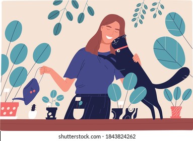 Woman watering houseplants and hugging cute black cat. Scene of love and friendship between human and pet. Smiling female character with domestic animal. Flat vector cartoon illustration