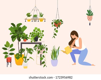 Woman watering houseplants. Vector flat cartoon illustration. 