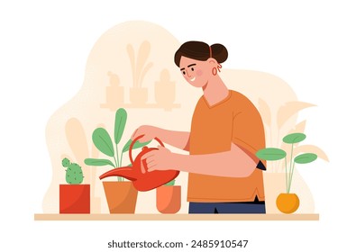 Woman watering houseplants. Young girl with watering can will sprouts. Comfort and coziness in apartment. Gardening and horticulture, botany and floristry. Cartoon vector illustration