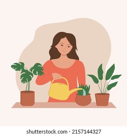 Woman Watering Indoor Plants From A Watering Can. Happy Female Character Caring And Growing Houseplants At Home. Vector Illustration