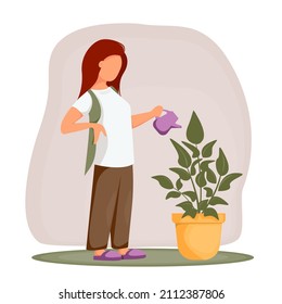 Woman Watering Indoor Plants. Gardening, Plant Growing, Flower Care, Home Routine. Vector Illustration.