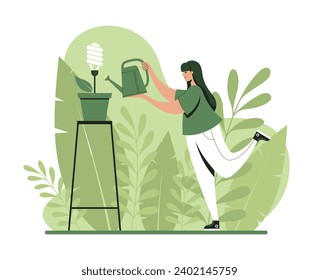 Woman watering light bulb. Concept of ecology awareness. Vector flat illustration