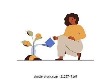 Woman is watering a money tree. Black businesswoman grows plant with coins. Green economy and funding concept. Revenue and income Vector illustration