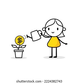 Woman is watering a money tree with a watering can. Boy gardener grows plant. Green economy and funding concept. Vector stock illustration