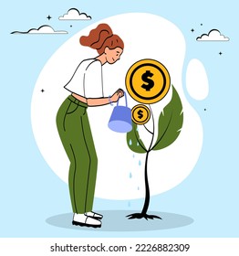 Woman watering money tree. Financial literacy and passive income. Talented entrepreneur, businessman or investor. Poster or banner for website. Girl increase profit. Cartoon flat vector illustration