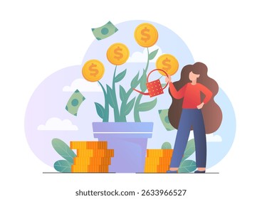 Woman watering money tree. Young girl with watering can near tree with golden coins. Concept of financial literacy and passive income. Trader or investor. Flat vector illustration