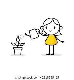 Woman is watering a plant with a watering can. Boy gardener grows plant. Green economy and forestation concept. Vector stock illustration