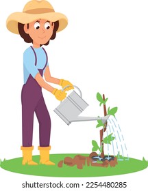 Woman watering plant. Cartoon farmer growing tree