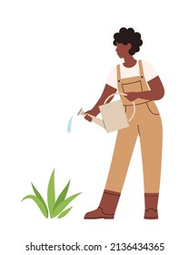 Woman watering a plant. Woman gardeners or farmer. Gardening. Vector flat illustration