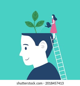 Woman watering plant growing from human head in flat design. Mental health. Psychotherapy. Psychological therapy.