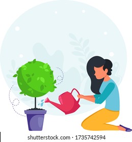 Woman watering plant. House cleaning concept. Housewife cleaning the house. Vector illustration in a flat style.