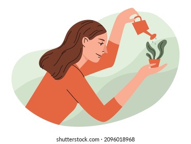 Woman watering plant. Houseplant care. Work of volunteers, supporting, charity concept. Hand drawn vector cartoon style illustration.