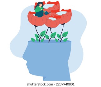 Woman watering plant inside abstract head. Support for people in learning. Flowers and plants grow from head. Concept of mind growth, psychology, education, creativity, psychotherapy and mental health