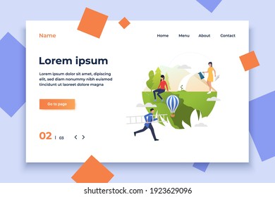 Woman watering plant, man carrying ladder on Earth globe. Lifestyle, leisure, activity concept. Vector illustration can be used for topics like vacation, nature, summer