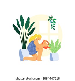 A Woman Watering Plant In Pot Using Watering Can with Another Plants Behind