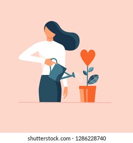 Woman watering plant in shape of heart in flowerpot. Flat design vector illustration concept for charity, help, supporting, work of volunteers