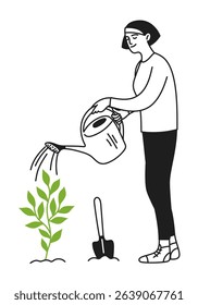 Woman watering plant, taking care of plants. Caring for nature. Gardening. Ecology. Vector illustration doodle