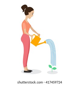 Woman watering a plant using a watering can. Flat style vector illustration.
