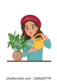 Woman watering the plant. Vector concept illustration. Sticker, household care, lady gardener, home gardening, plant home decoration, plant store, flower store