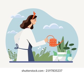 Woman watering plants. Caring for flowers, gardening, comfort and coziness in apartment. Poster or banner for website. Floristry and botany, hobbies and leisure. Cartoon flat vector illustration